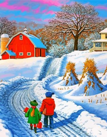 Winter Barns and Siblings Paint By Numbers