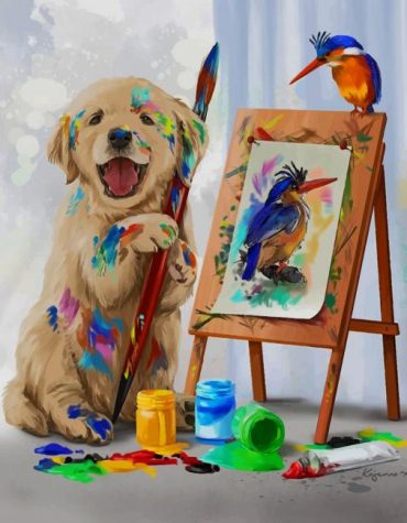 Colorful Puppy with Woodpecker Friendship Paint By Numbers