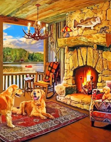 Puppy Family by Fireplace Paint By Numbers