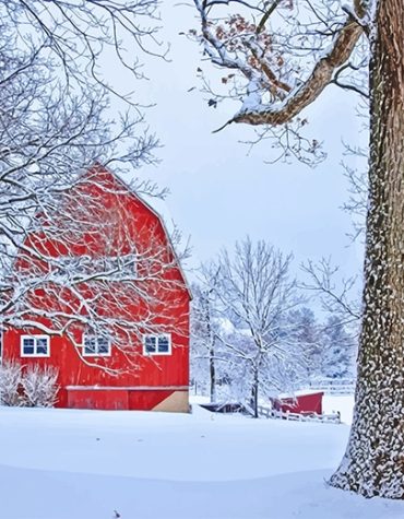 Winter Red Barn Scene Paint By Numbers