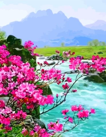 Pink Flower River Landscapes Paint By Numbers