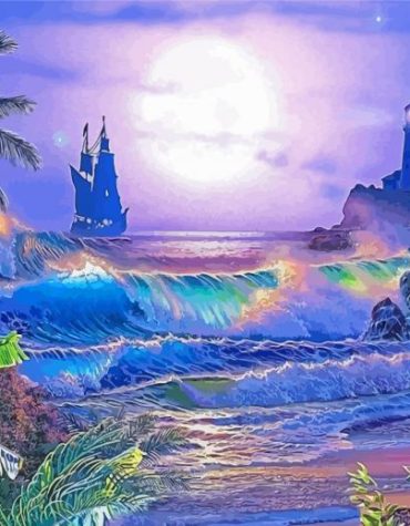 Moonlit Sea and Lighthouse Paint By Numbers