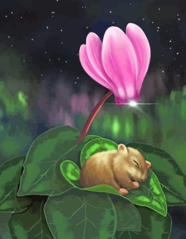 Sleepy Mouse in Pink Flowers Paint By Numbers