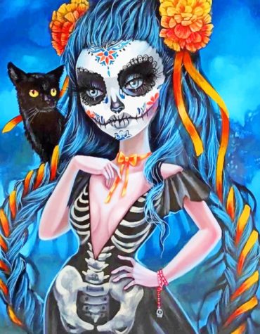 Sugar Skull Woman and Black Cat Paint By Numbers