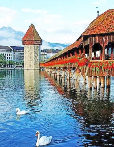Swans of Chapel Bridge Switzerland Paint By Numbers