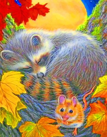 Sleeping Raccoon and Maple Leaves Paint By Numbers