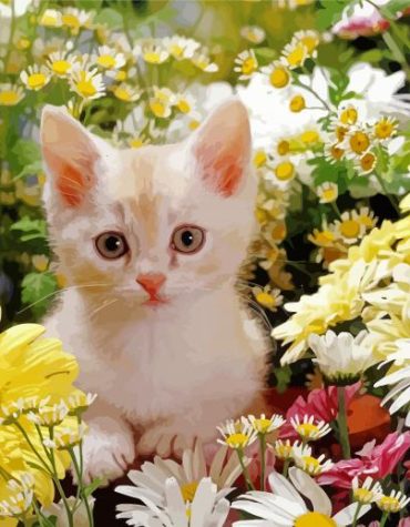 White Cat and Floral Paint By Numbers
