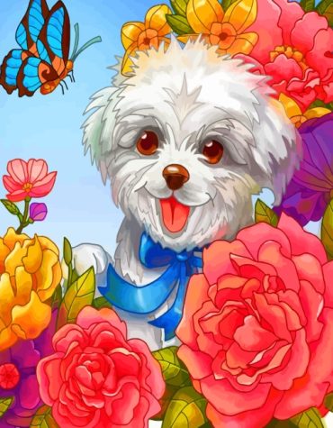 Happy Dog and Flowers Pet Paint By Numbers