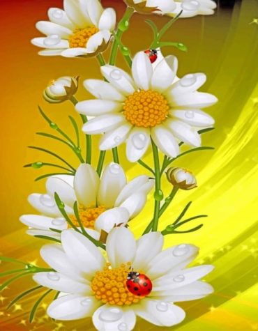 White Flowers with Ladybugs Paint By Numbers