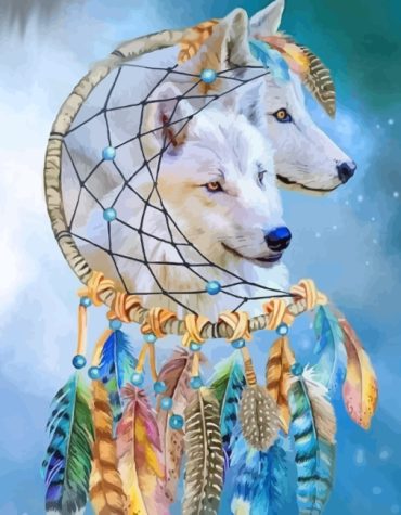 White Wolves Dream Catcher Paint By Numbers