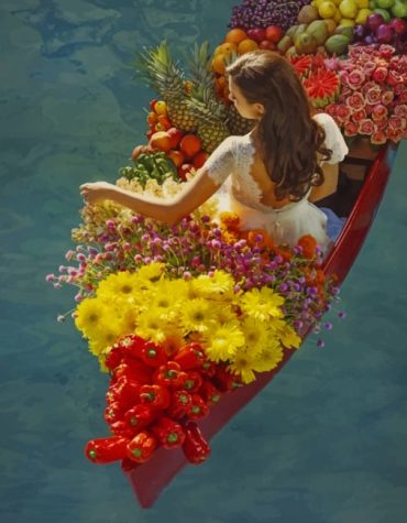 Woman on a Lake with Flowers and Fruits Paint By Numbers